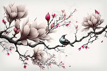 wallpaper birds and flowers long branches white background