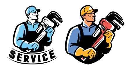 Plumber worker with adjustable plumbing and pipe wrench. Professional house building work logo. Vector illustration