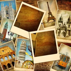 Poster old photoalbum - travel concept vintage background with retro photo cards of european landmarks and blank frames © Freesurf