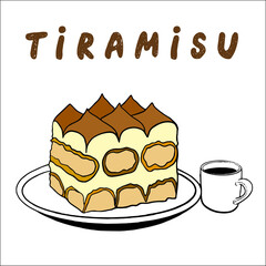 piece of tiramisu cake - Tiramisu, an Italian layered dessert of savoiardi cookies with mascarpone cream, decorated with cocoa powder. traditional italian dessert