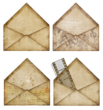 Set of vintage paper envelopes. Romantic letters retro style, isolated