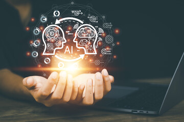 Ai Artificial Intelligence concept businesswoman show virtual graphic connect Internet showing the use bot Chat with AI,data storage and processing,technology,sales,service,industry to the future.