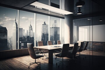 Conference room. Modern office with windows and city view, AI generated