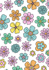 Spring abstract patterns Doodle flowers Retro flat vector illustration. Cute designs for notebook