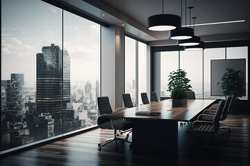 Conference room. Modern office with windows and city view, AI generated
