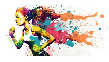 Fototapeta na wymiar Running woman colorful, white background, generative AI