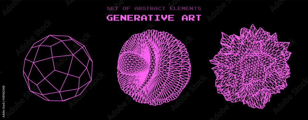 Leinwandbilder Set of abstract vector spheres and blobs made of mesh. Parametric design and generative art elements.