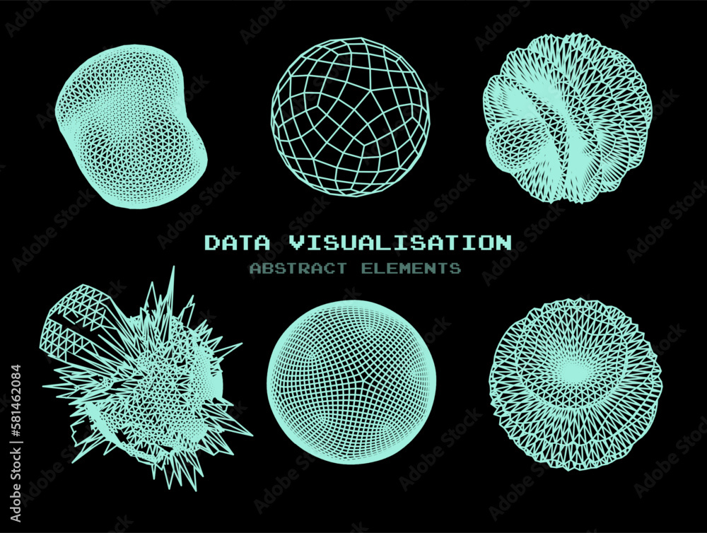Leinwandbilder Set of abstract vector spheres and blobs made of mesh. Parametric design and generative art elements.
