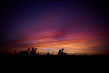 Calm multicolored sky above the contour of trees