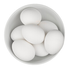 Top view flat lay of eggs in a white bowl isolated on transparent background