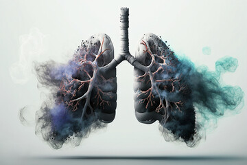 Lungs filled with cigarette smoke. diseased lungs smoking. Nicotine addiction. Respiratory disease. lungs with cancer Effects of smoking cigarettes and toxic substances. Lung disease. Generative ai. - obrazy, fototapety, plakaty