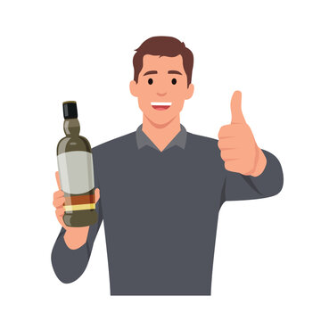 Alcohol addicted, spirit drinks, drinking lone concept. Young smiling man cartoon character standing holding bottle of wine, whiskey or other alcohol drink and ready to have it alone