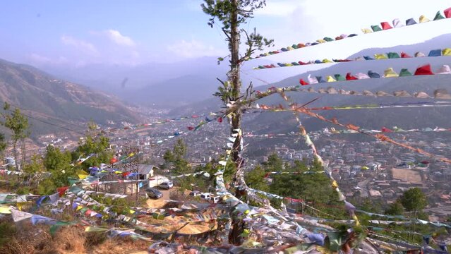 The viewpoint with colorful flags in Thimphu, Bhutan