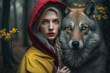 Portrait of red riding hood embrancing a wolf - AI Generated