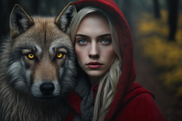 Portrait of red riding hood embrancing a wolf - AI Generated