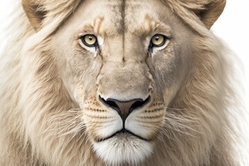 Fototapeta na wymiar a close up of a Lion face, a 10 year old Panthera Leo, alone on white. Generative AI