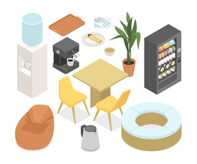 Office kitchen - modern vector colorful isometric object set