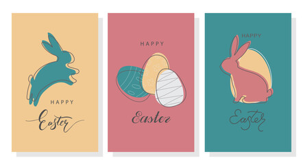 Poster and postcard happy Easter day. Easter design set with typography. Continuous drawing of the Easter bunny in one line. Modern minimalism. Vector illustration poster, banner, greeting card