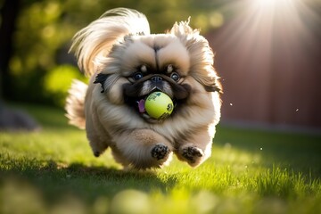 Action shot of a Pekingese dog playing with a ball outdoors in the garden on a sunny day, AI generated