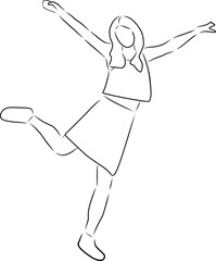 Happy woman jumping for joy, vector. Hand drawn sketch. Happy woman jumping for joy on one leg.