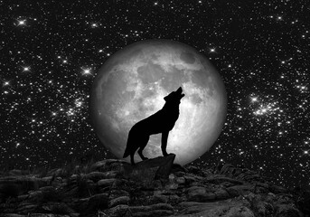 Lobo aullando con luna llena y cielo estrellado