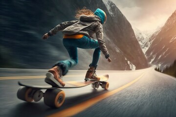 Fototapeta na wymiar Woman Riding on Longboard. Downhill Ride Session Generative AI