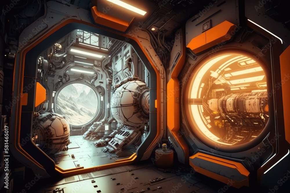 Poster interior of a space station. visualization of architecture. generative ai