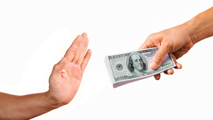 Man Refusing To Take Bribe From Partner. man refusing money offered by man isolated on white...