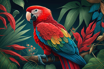 Obraz premium Realistic Illustration of Exotic Pet Parrot on Perch with Lush Tropical Foliage generative ai