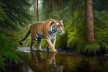 Fototapeta na wymiar Young Siberian tiger, Panthera tigris altaica, walking in a forest stream against dark green spruce forest. Tiger among water drops in a typical taiga environment. Direct view, AI generated