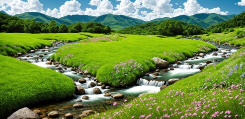 mountain landscape in the summer with a rushing steam