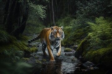 Young Siberian tiger, Panthera tigris altaica, walking in a forest stream against dark green spruce forest. Tiger among water drops in a typical taiga environment. Direct view, AI generated