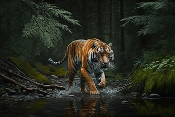 Fototapeta na wymiar Young Siberian tiger, Panthera tigris altaica, walking in a forest stream against dark green spruce forest. Tiger among water drops in a typical taiga environment. Direct view, AI generated