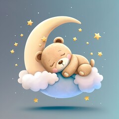 Obraz na płótnie Canvas Cute baby bear sleeping on crescent moon with clouds and stars. Adorable bear napping digital art illustration