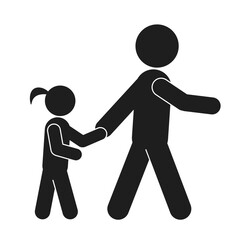 Isolated illustration of a man or father holding hand with pony tailed his girl daughter walking down at street zebra cross pedestrian, a template for pedestrians cross walk, school road crossing sign