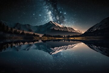 Photograph of the night sky. Milky Way over a mountain lake. There are many small stars throughout the image field. Soft focus. natural background. Generative AI