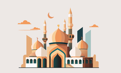 a stylized of a muslim mosque,a flat design of a masjid for Islamic organizations or communities,Beautiful Islam temple icon,crescent and cloud,Vector Illustration,Eid Mubarak greetings,Ramadan Kareem