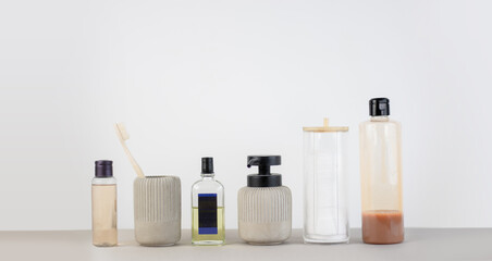 men's body and beard care set isolated on white and wood background. Barber set