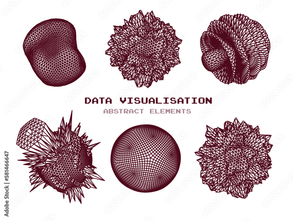 Fototapete Parametric design blobs and distorted spheres. Abstract vector elements made of mesh.
