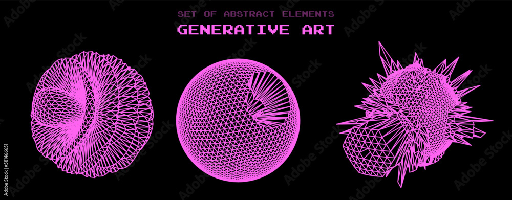Fototapete Parametric design blobs and distorted spheres. Abstract vector elements made of mesh.