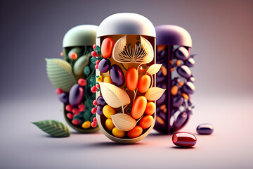 Medicina y medicamentos del futuro. Concepto de ciencia y salud. Primer plano de píldora vista por dentro con plantas medicinales. Ai generado. - obrazy, fototapety, plakaty