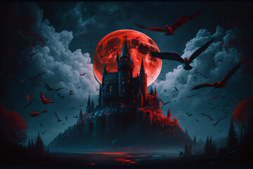 Fototapeta premium Aesthetic fantasy castle in forest at moonlit night, bats and foggy environment, digital illustration artwork.