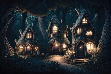 Fantasy Houses in Magic Forest at Night, Fairy Tale Habitation in Trees Trunks 2. Generative AI