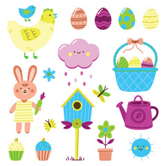 set of easter eggs and flowers and Easter seamless pattern with rabbits and bunny free vector