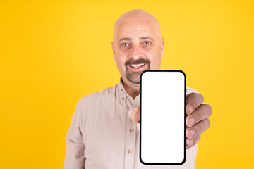 Recommend concept idea, positive smiling caucasian man showing phone screen for recommend concept....