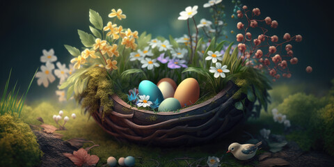 Obraz na płótnie Canvas Easter eggs in a basket on the table with sunlight