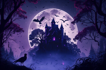 Aesthetic fantasy castle in forest at moonlit night, bats and foggy environment, digital illustration artwork.