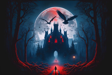 Fantasy castle in the moonlight night landscape background, Digital Illustration artwork.