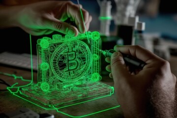 An engineer building an hologram of a bitcoin symbol. Concept: Building your investments in cryptocurrencies. Generative ai