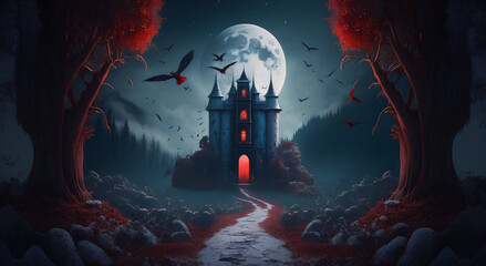 Fantasy castle in the moonlight night landscape background, Digital Illustration artwork.